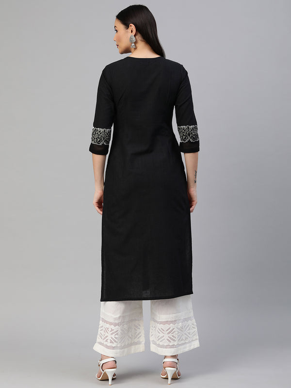 Straight fit V neck kurta with block print and embroidery details.