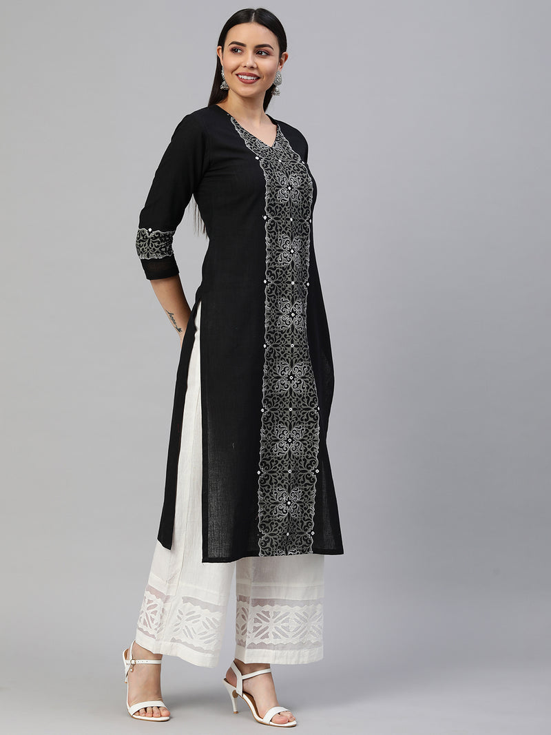 Straight fit V neck kurta with block print and embroidery details.