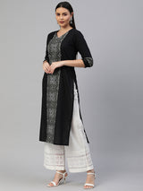 Straight fit V neck kurta with block print and embroidery details.