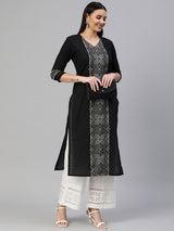 Straight fit V neck kurta with block print and embroidery details.