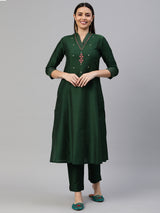 VAMA - A line silk blend kurta with embroidered v neck and stitch lines detailing on cuff.