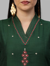 VAMA - A line silk blend kurta with embroidered v neck and stitch lines detailing on cuff.