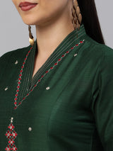 VAMA - A line silk blend kurta with embroidered v neck and stitch lines detailing on cuff.