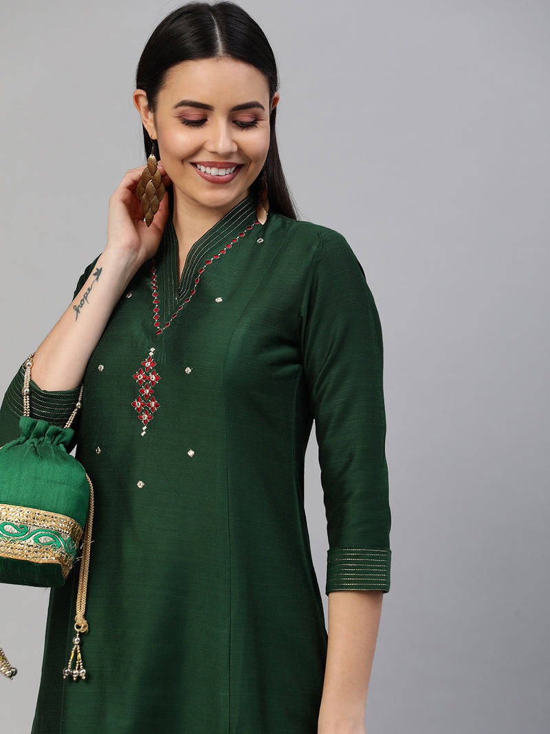 VAMA - A line silk blend kurta with embroidered v neck and stitch lines detailing on cuff.